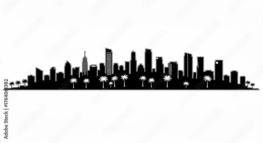 Naklejka premium Silhouette of a city skyline with various buildings and palm trees in a black and white vector illustration