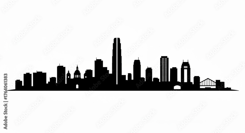 Naklejka premium Silhouette of a city skyline with various buildings and a bridge against a white background in a simple design