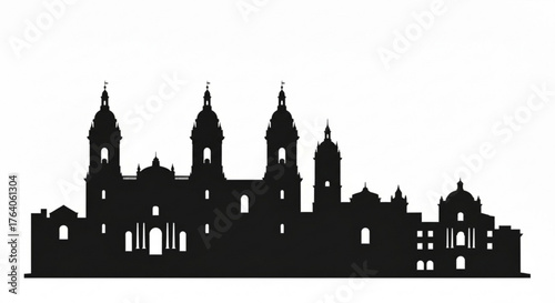 Silhouette of a grand cathedral with multiple towers and domes against a white background design view