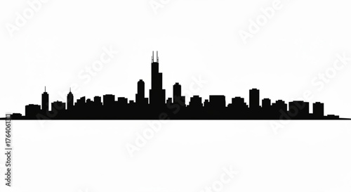 Silhouette of a city skyline with various buildings and skyscrapers against a white background view