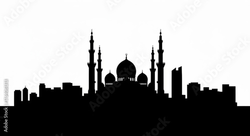 Silhouette of a city skyline with mosques and buildings against a white background in a simple design