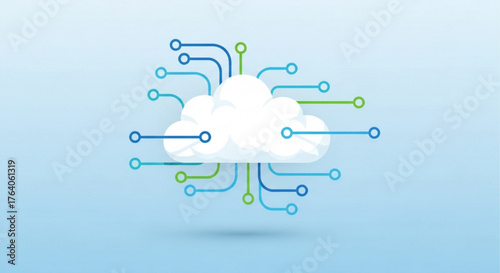 Cloud computing with circuit board connections on blue background representing data storage, networking and digital transformation technology