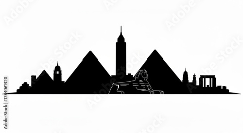 Black silhouette of egyptian landmarks including pyramids sphinx and buildings on a white background view