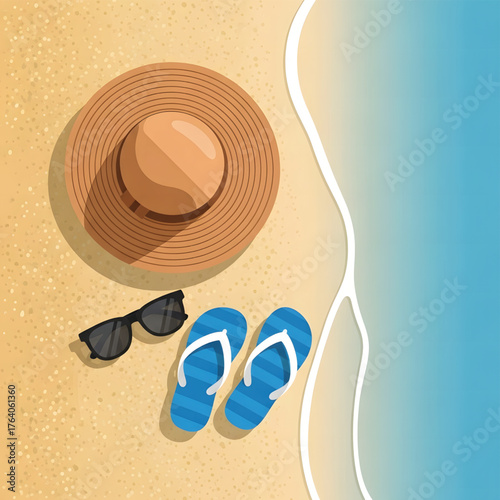 Summer beach essentials flat lay with a straw hat, sunglasses, and flip-flops on golden sand next to clear blue ocean waves. Perfect for a relaxing vacation getaway