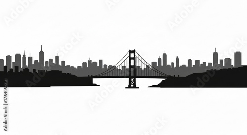 Silhouette of golden gate bridge with city skyline in the background, a scenic black and white view