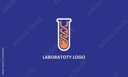 Modern laboratory test tube logo with dna helix inside on a deep blue background