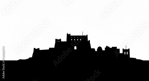 Silhouette of a fortified castle with towers and battlements against a white background landscape view
