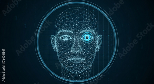 Futuristic face recognition technology concept a wireframe face with a glowing eye, representing biometric scanning and identification