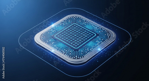 Isometric illustration of a microchip with intricate circuit patterns, symbolizing advanced technology and integrated systems on a dark blue background
