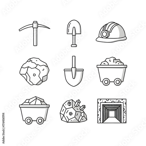 A collection of simple line art icons representing the mining industry, featuring a pickaxe, shovel, mine cart, and minerals on a white background