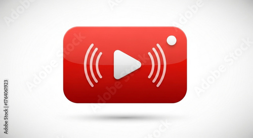 A red live streaming icon with a play button and signal waves, representing online video, broadcasting, and social media