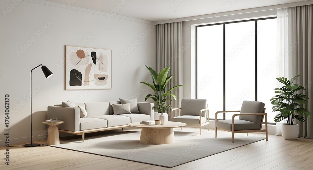 Fototapeta premium Contemporary Living Room Interior Featuring Stylish Neutral Decor, Sofa, Armchairs, and Green Plants