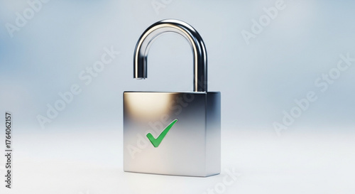 Closeup of a silver padlock with a green check mark on it, symbolizing security, safety, and protection