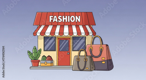 Charming fashion store illustration featuring a shop facade with a red awning, handbags, and a potted cactus against a soft blue background