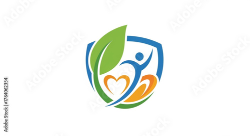 A logo featuring a shield, a leaf, a human figure, and a heart, symbolizing health, protection, and wellbeing