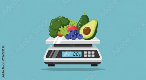 Healthy food on digital kitchen scale, a balanced diet concept with fresh vegetables and fruits for weight management and nutritional awareness