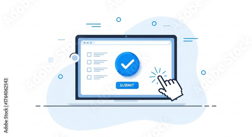 Online survey form on laptop, depicting a hand clicking the submit button, representing feedback and data collection