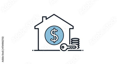 House with dollar sign and key, representing real estate investment, property value, and home ownership