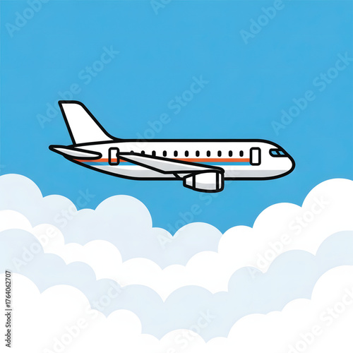 Cartoon passenger jet flying high in the blue sky above a layer of white clouds. Simple vector illustration concept for air travel, tourism, and transportation