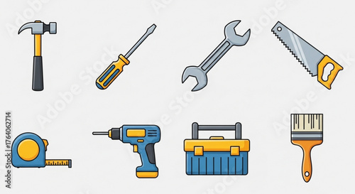 Hand tools set, including hammer, screwdriver, wrench, saw, tape measure, drill, toolbox, and paint brush for repair work
