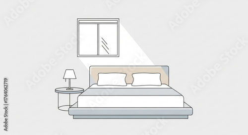 A serene bedroom illustration with a bed, window, and bedside table, creating a peaceful and relaxing atmosphere
