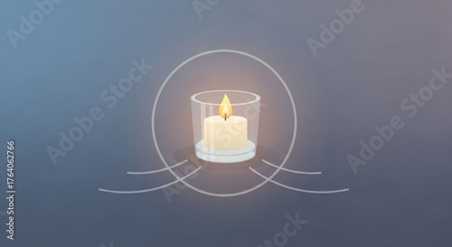 A softly glowing candle in a glass holder emits a warm light, surrounded by subtle, radiating lines against a gradient blue background