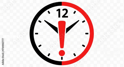 The clock shows almost 12 oclock, the hands are pointing to the number 12, the red color indicates the urgency of the time
