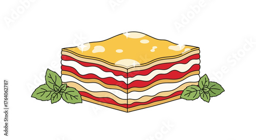 Delicious layered lasagna with fresh basil leaves ready to eat.