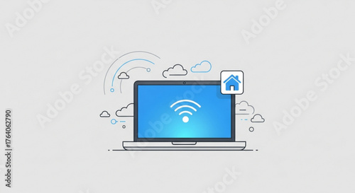 Laptop with wifi symbol on screen wireless connection, internet access, hotspot flat vector illustration of computer