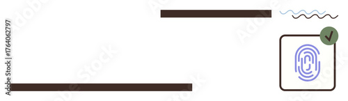 Blue fingerprint pattern inside a rectangle with green checkmark indicating successful authentication. Ideal for security, technology, privacy, access control, data protection, identity verification