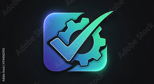 Gear with check mark for process, quality, validation, approval, or confirmation concept, with a dark background