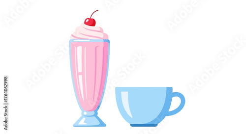Delicious pink milkshake with whipped cream and a cherry next to a blue cup.