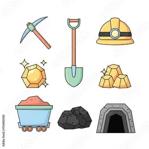 Mining tools and treasures illustration pickaxe, shovel, helmet, gems, gold, coal, and mine entrance