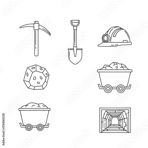 Collection of Line Icons Representing Mining and Geology Tools, Equipment, and Resources