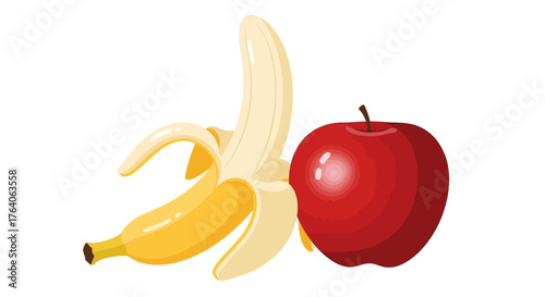 Delicious ripe banana and red apple, healthy fruit combination, fresh and tasty.