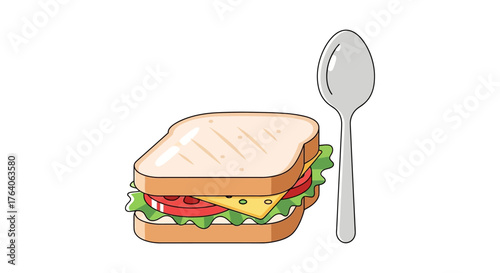 Delicious Sandwich and Spoon on White Background.