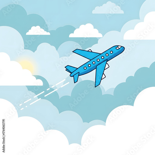Bright cartoon illustration of a blue passenger plane flying through a cloudy sky with sun, symbolizing air travel, adventure, journey, and new beginnings