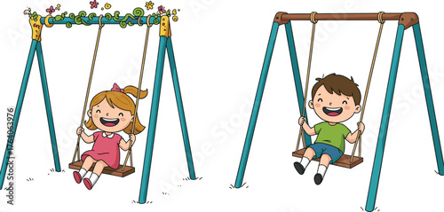 Happy children playing on swings in playground, joyful boy and girl having fun outdoors, childhood happiness, friendship, laughter, summer activity
