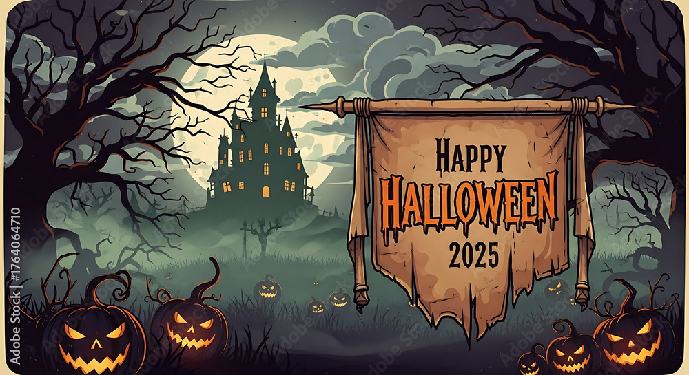Fototapeta premium Spooky halloween scene with haunted house and banner illustration
