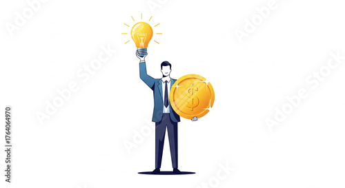 Conceptual illustration of a businessman transforming a brilliant creative idea into financial success, holding a lightbulb and a large gold coin