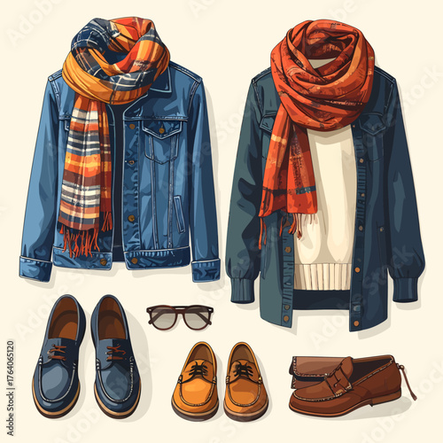 A vector illustration of stylish men's autumn fashion outfits, featuring denim jackets, scarves, and loafers in a flat lay design