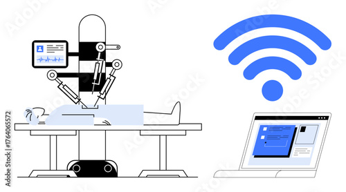 Robot performing surgery on patient monitored via laptop and wireless. Ideal for healthcare, technology, AI, innovation, telemedicine, automation, scientific research. Simple flat metaphor