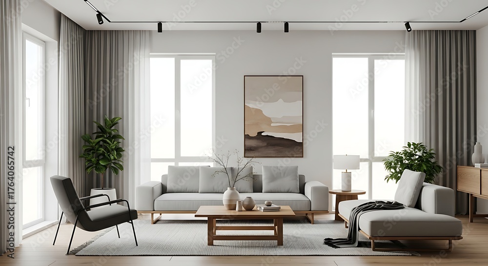 Fototapeta premium Serene and Stylish Modern Living Room Interior Design with Comfortable Seating and Ample Light
