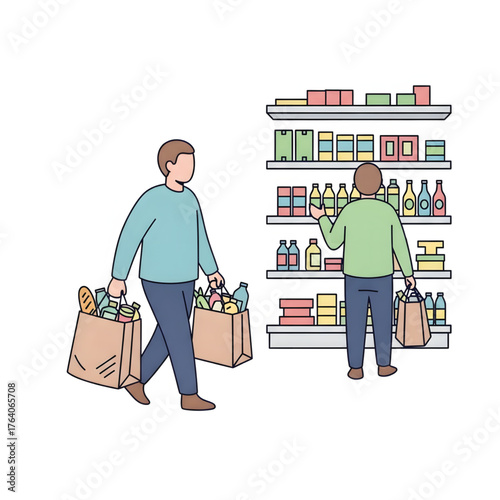 Shopper selecting groceries from a well-stocked supermarket aisle with shelves full of products, and another shopper carrying full shopping bags