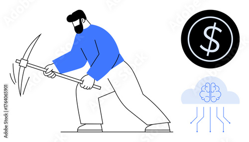 Worker swinging pickaxe near neural-connected cloud and dollar symbol. Ideal for tech innovation, cryptocurrency, mining, finance, AI advancement, automation, digital economy. Simple flat metaphor