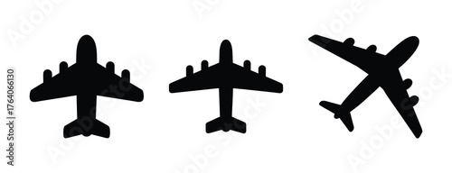 Three silhouette airplanes in different poses aircraft aviation transportation travel icons set