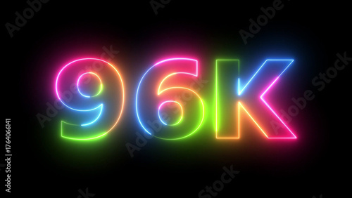 Neon 96K text glow vibrant iridescent light isolated on black background celebration