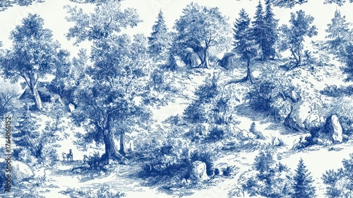 toile wilderness forest countryside seamless pattern texture wallpaper background blue ink