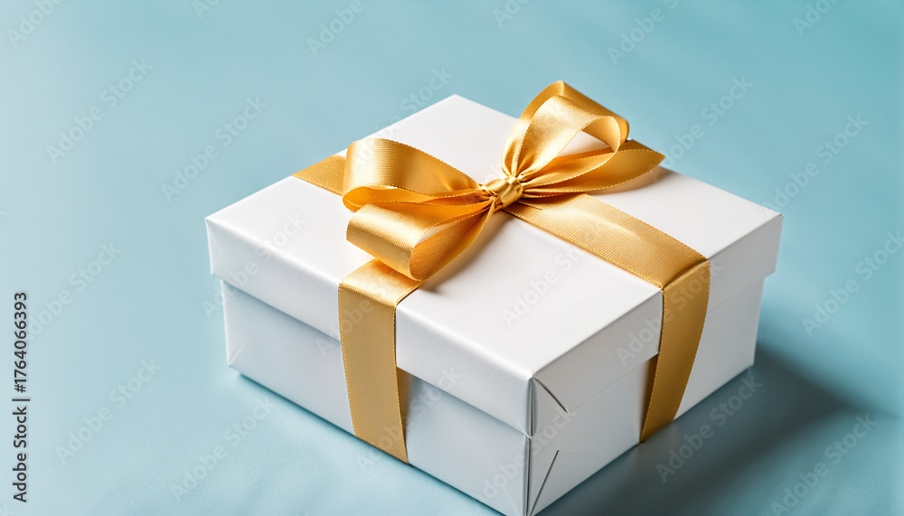 Obraz premium an elegant white gift box with a large golden satin ribbon bow tied on top, placed on a simple and clean light blue solid surface.