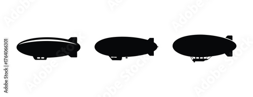 Three silhouetted airships flying in formation showing diverse designs and historical aviation transportation